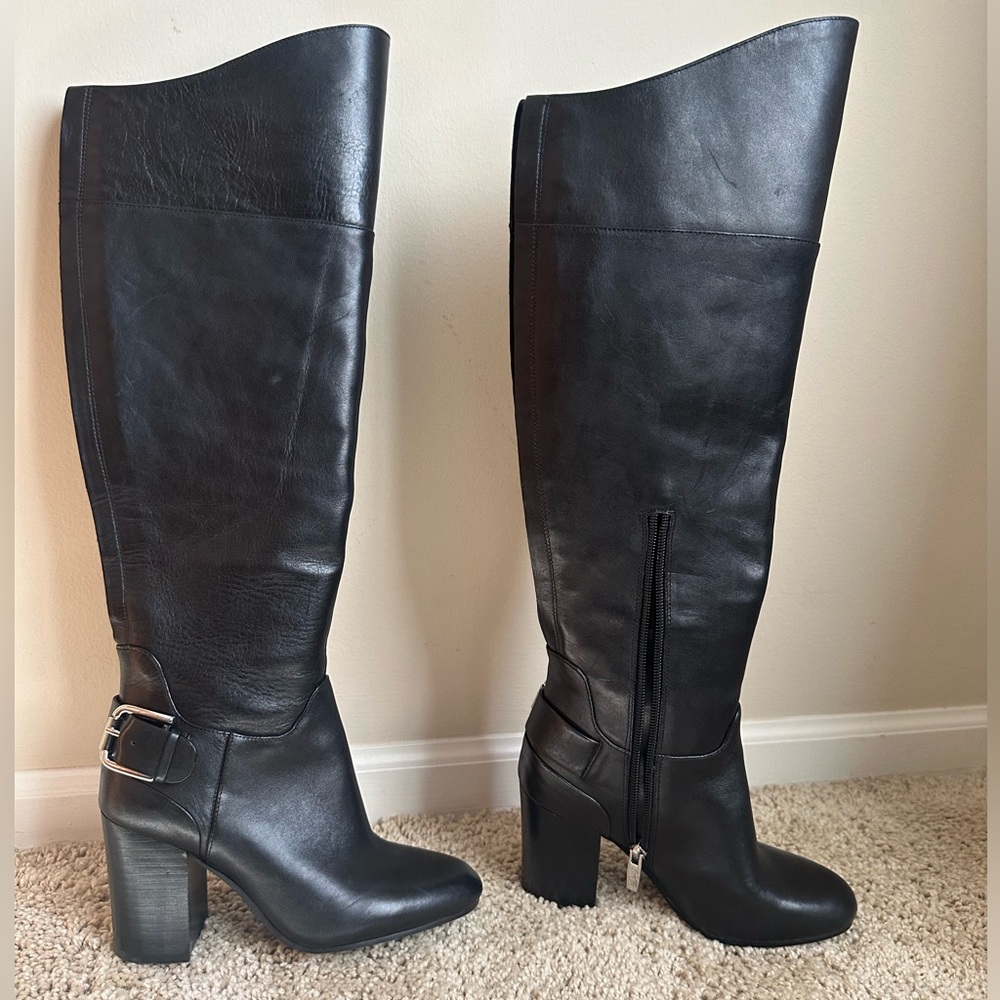 Vince Camuto Sexy Black Leather Boots Size 5 1/2 Knee High With Side Buckle
